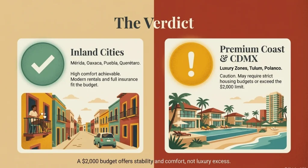 The verdict on retiring in Mexico on $2,000 a month: inland cities like Mérida, Oaxaca, Puebla, and Querétaro offer high comfort with modern rentals and full insurance within budget, while premium coastal zones and Polanco in Mexico City may exceed the $2,000 limit.