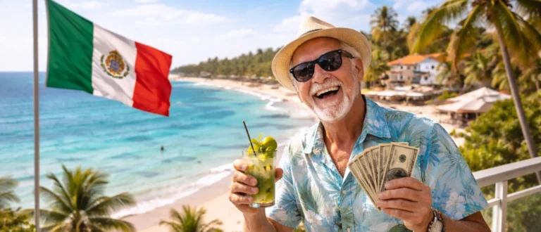 Happy retired American man enjoying life in Mexico beach city during retirement relocation with ocean view and relaxed lifestyle