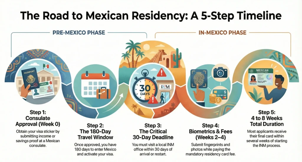 Infographic showing the 5-step timeline for obtaining Mexican residency: Step 1 - Consulate approval (Week 0), Step 2 - 180-day travel window, Step 3 - Critical 30-day deadline to visit INM office, Step 4 - Biometrics and fees (Weeks 2-4), Step 5 - Receive residency card within 4-8 weeks total.